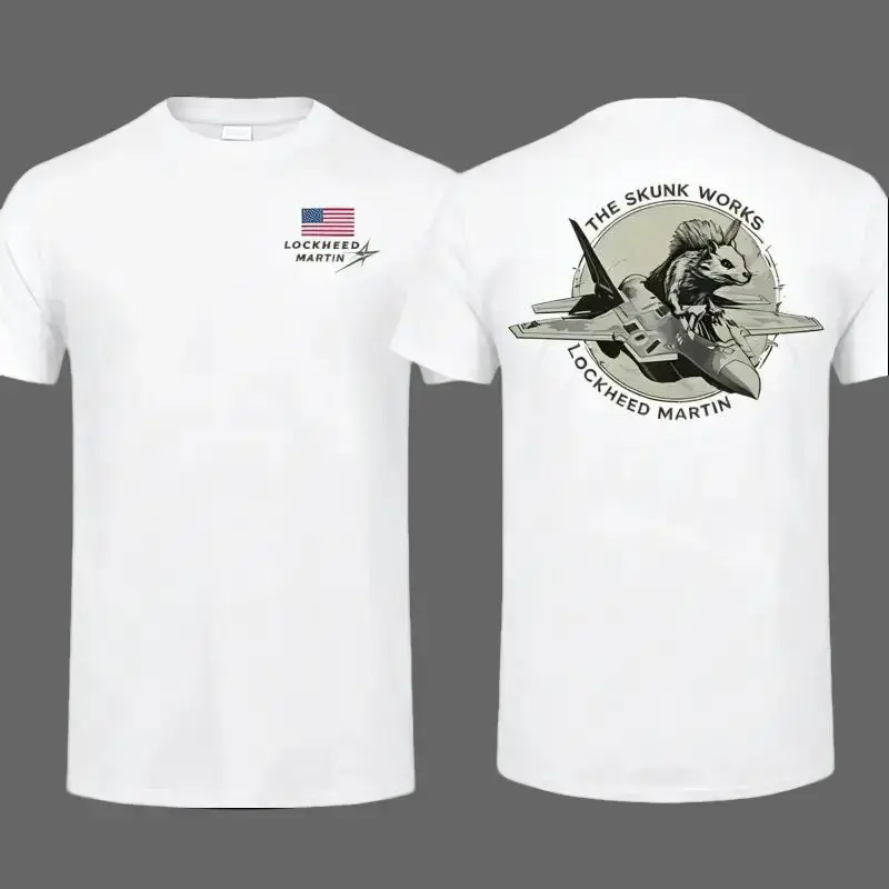 Lockheed Martin Project Skunk Stand on F-22 Raptor 2 Sided T-Shirt, Unisex Short Sleeve Casual 100% Cotton, Top Menswear, Tactical Gear Streetwear Vintage Aesthetic Birthday Classic Distressed Distressed Fashion Flannel