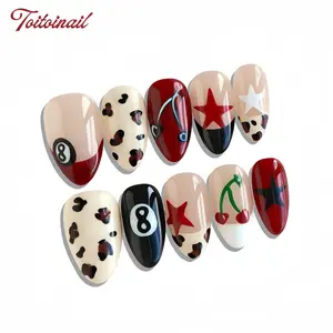 10pcs Handmade Almond Press-On Nails, Fake Nails Set, Cool American Retro Style with Leopard, 8-Ball, Star, Cherry Accents, Trendy, Reusable Wearable False Nails, Comfortable Fit, Easy To Apply & Remove, Ideal for Party, Street, Daily & Date Wear