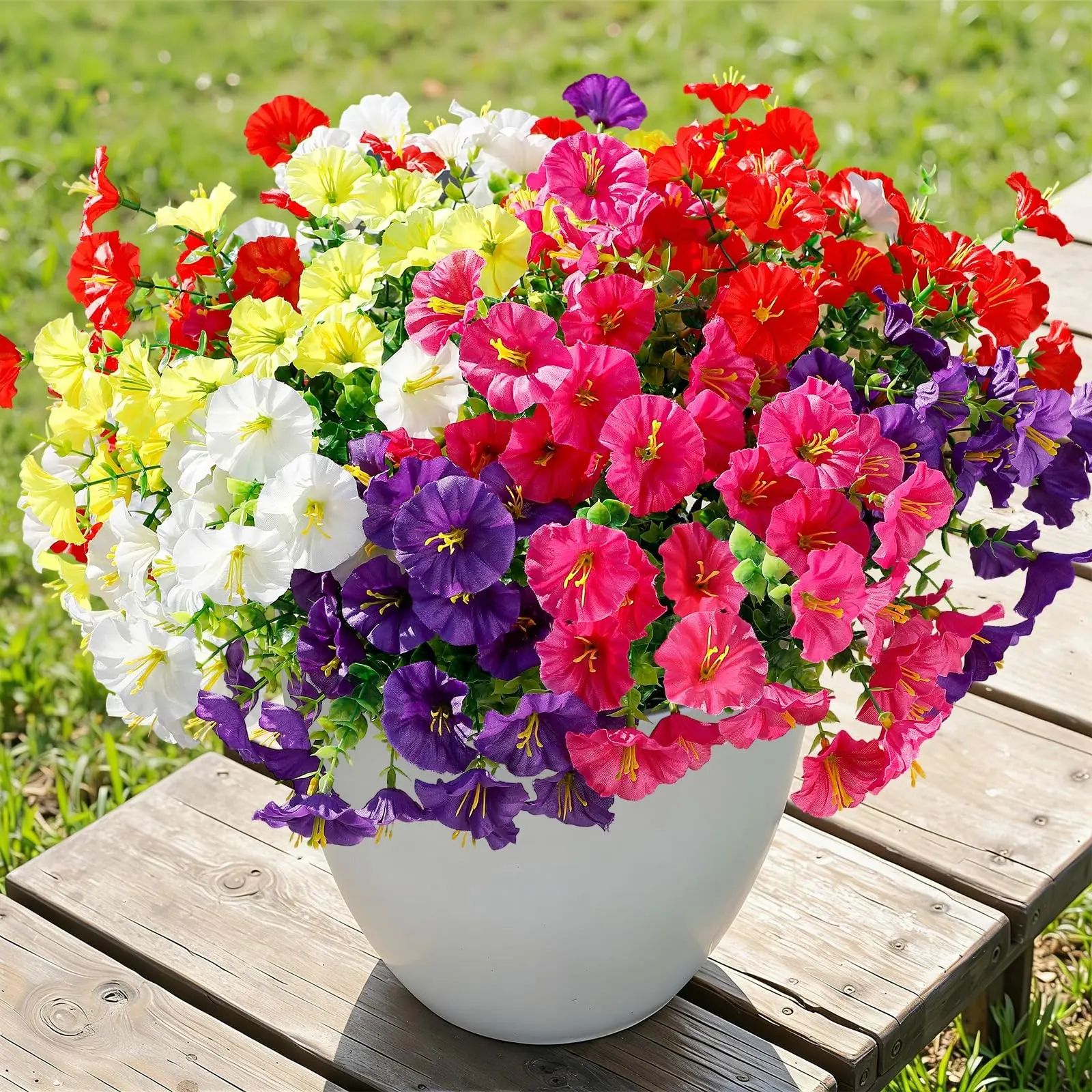 24 Bouquets Outdoor Artificial Flowers, Realistic Spring Summer Floral Decor, Artificial Flower Decorations, UV Resistant Silk Trumpet Vine with Eucalyptus Leaves, Decorative Flowers, Artificial Flower Plant