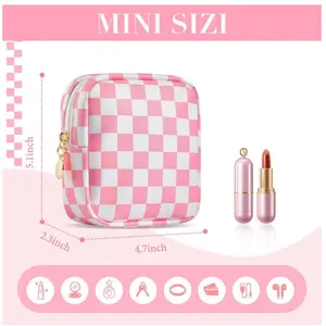 Small Makeup Bag for Purse, Mini Checkered Makeup Bags for Women, Little Cute Cosmetic Make Up Pouch with Zipper, Leather Travel Toiletry Organizer for Teen Girls (Pink)