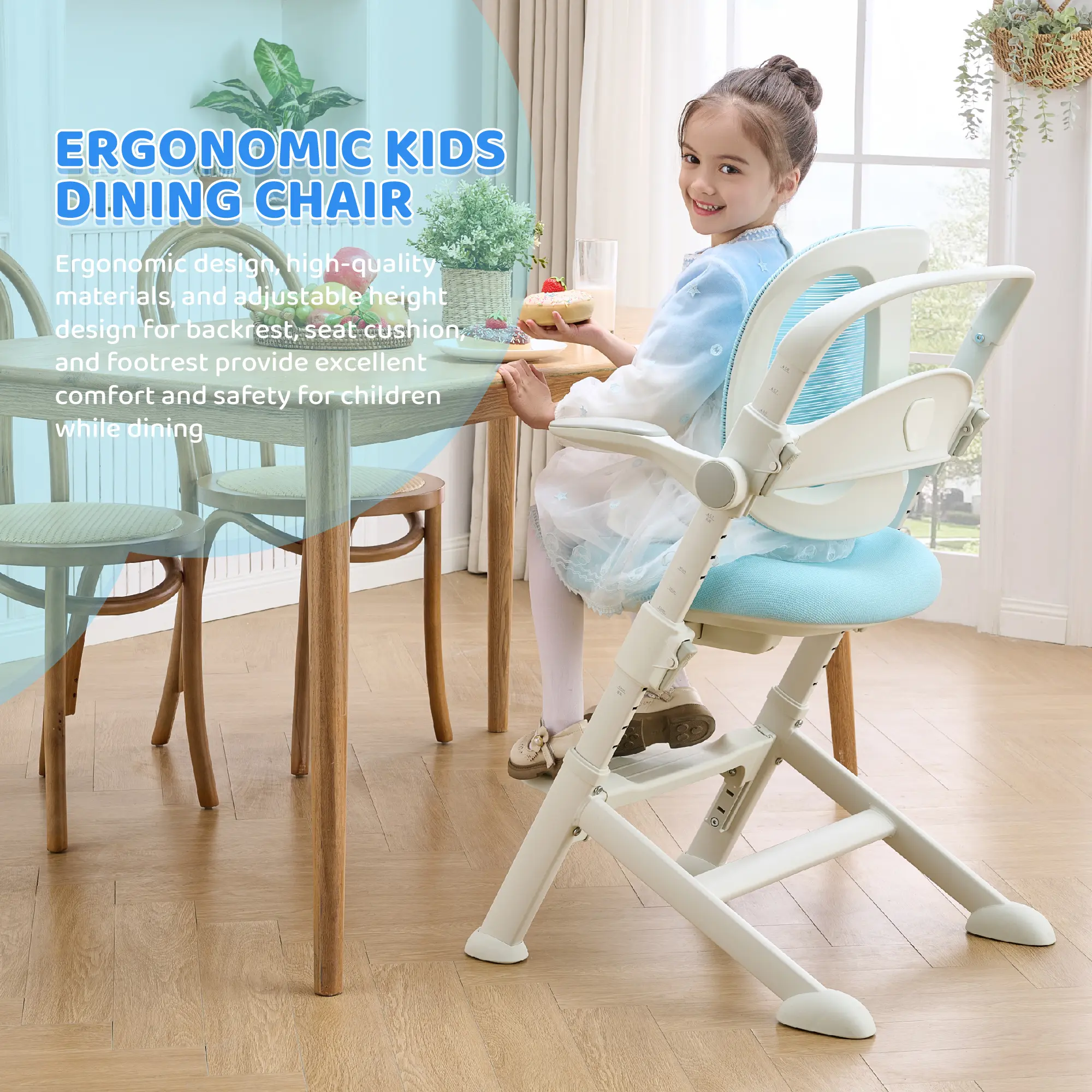 Versatile Kids High Chair, Dining Chair with Height-Adjustable Soft Comfortable Seat Cushion & Mesh Backrest & Footrest for Children, Toddlers, Children Desk Chair with Ergonomic Design