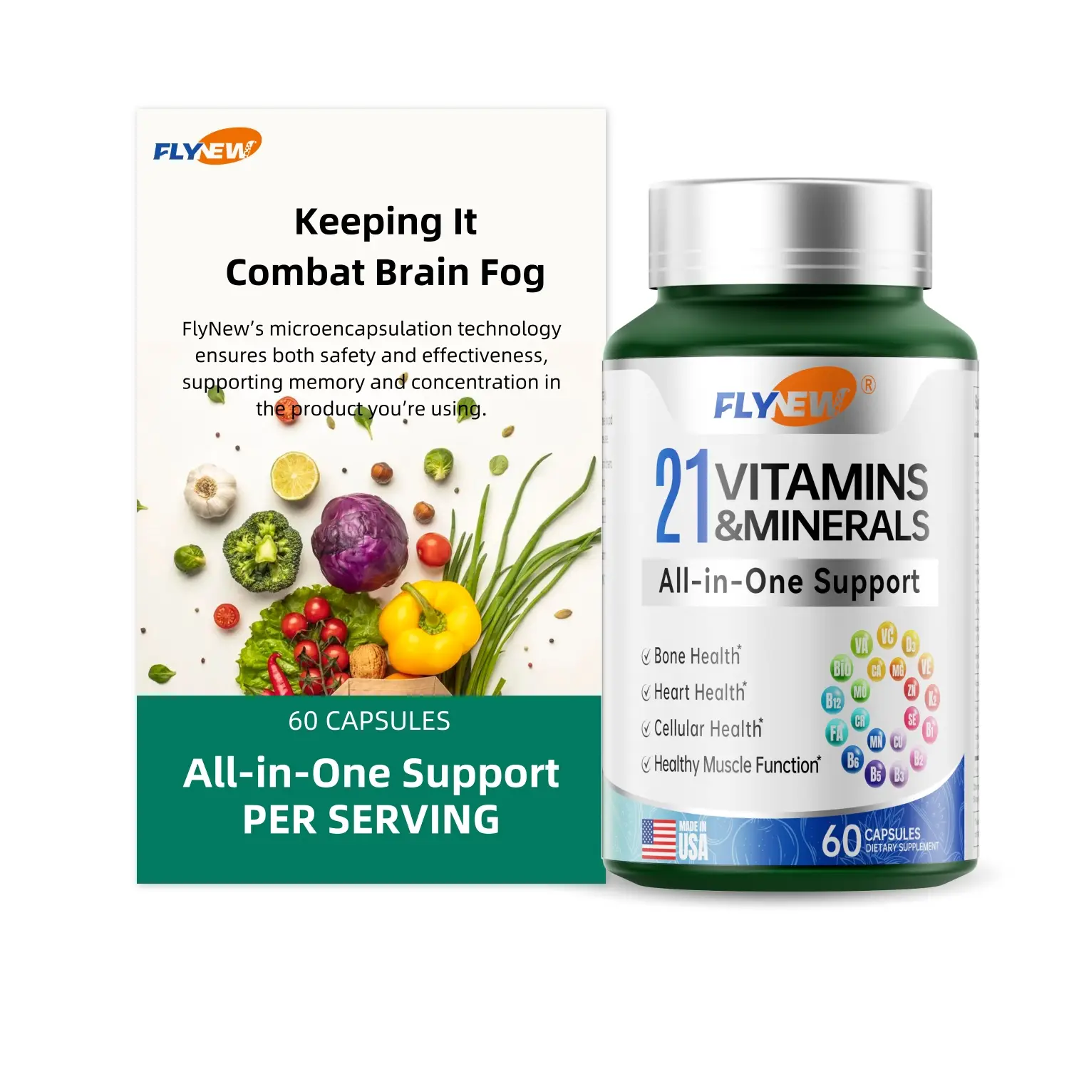 FlyNew 21 Vitamins & Minerals | Energy & Focus | All-in-One Support | Made in USA | 60 Capsules Dietary Supplement