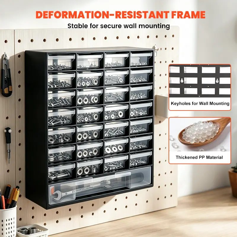 33-Drawer Plastic Parts Storage Cabinet, Wall Mount Hardware Organizer with Removable Dividers, Clear Drawer for Screws, Nuts, Bolts, Crafts & Small Components, Garage Workshop Tool Storage