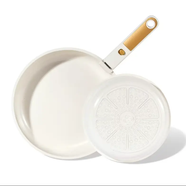 3 Pcs Ceramic Nonstick Frying Pan Set with Detachable Handle, Induction & Oven Safe Stackable Cookware Set, Cream White