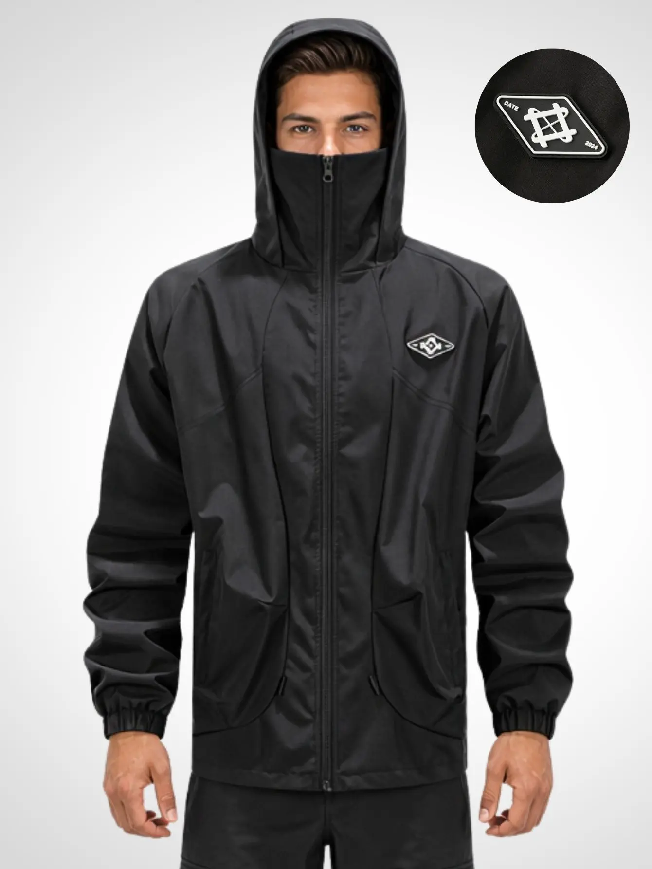 Men’s functional hooded windbreaker with face protection, zip-up jacket, elastic cuffs, and diamond-shaped badge—outdoor casual outerwear