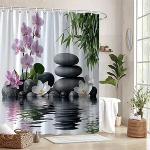 Durable Polyester Straight Zen Shower Curtain - Black Stones, Elegant White Orchid, Green Leaves on Bright White Background, Machine Washable Modern Bathroom Decor
