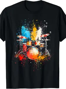 Vibrant Drum Set Graphic Tee for Men - 100%, 180g, Short Sleeve, Round Neck - Colorful Artistic Design, Machine Washable, All-Season Wear, Drummer T Shirt