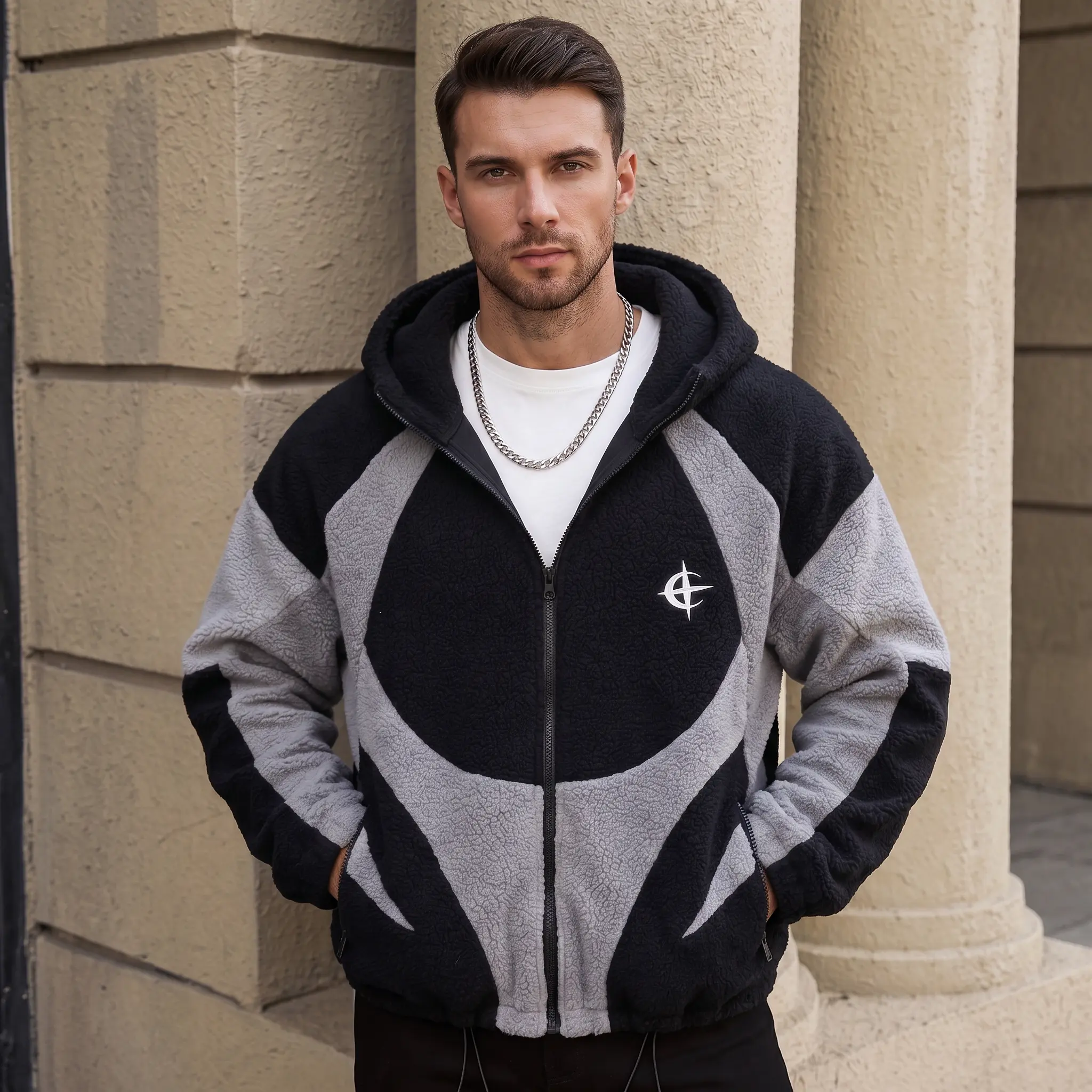 Men's Spring-Autumn Thick Suede Color-Block Hooded Casual Fashion Jacket - Versatile for Outdoor Sports, Everyday Wear, Commuting