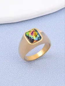 18K Gold Plated 316L Stainless Steel Men's Ring, Colorful Iridescent Gemstone Inlay, Square Cut Sparkle, Must-Have for Personalized Fashion