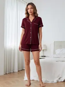 Soft Breathable Wine Pajama Set for Women, Casual Open Front Sleepwear, Loungewear, Four-Season Home Wear, Daily Comfort Clothing