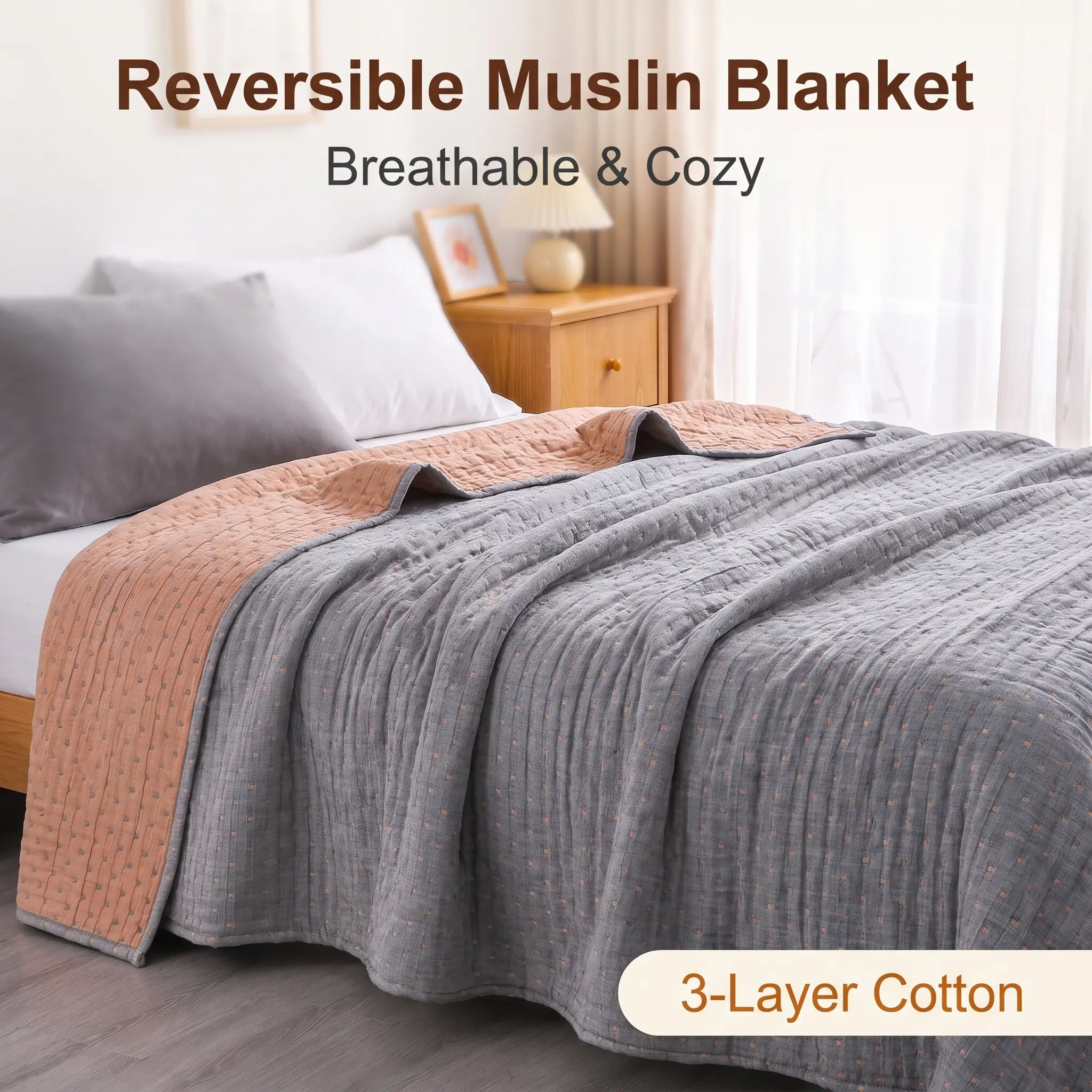 Bedsum 3 Layers Natural Cotton Muslin Jacquard Bed Blanket, Ultra Soft Breathable Reversible Lightweight Cotton Throw, All Season Cozy Year-Round Comfort Quilt for Bedroom Home Decor