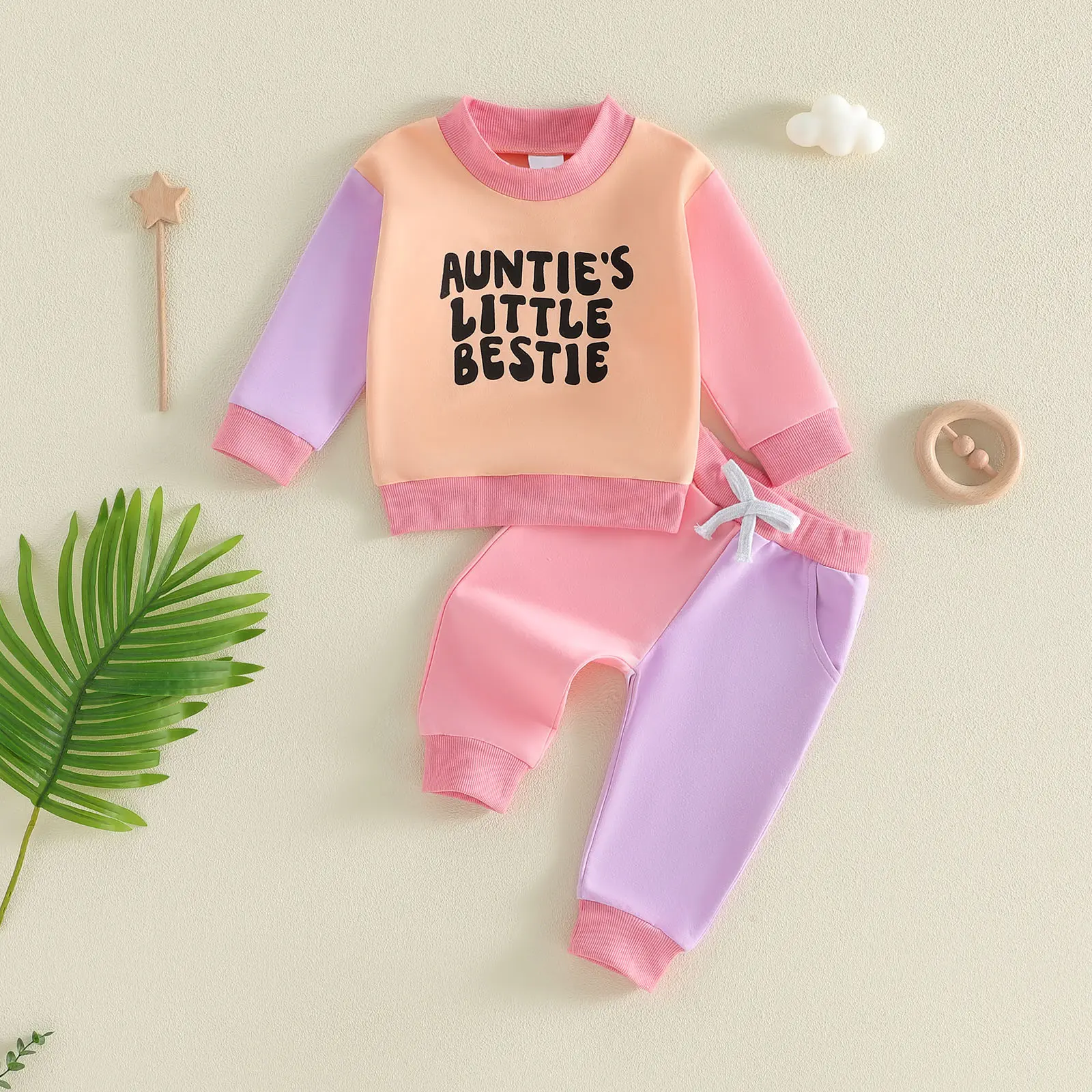 Toddler Baby Little Girls Outfit Letters Print Long Sleeve Sweatshirt with Contrast Color Sweatpants Fall Spring Clothes 0-3 Years