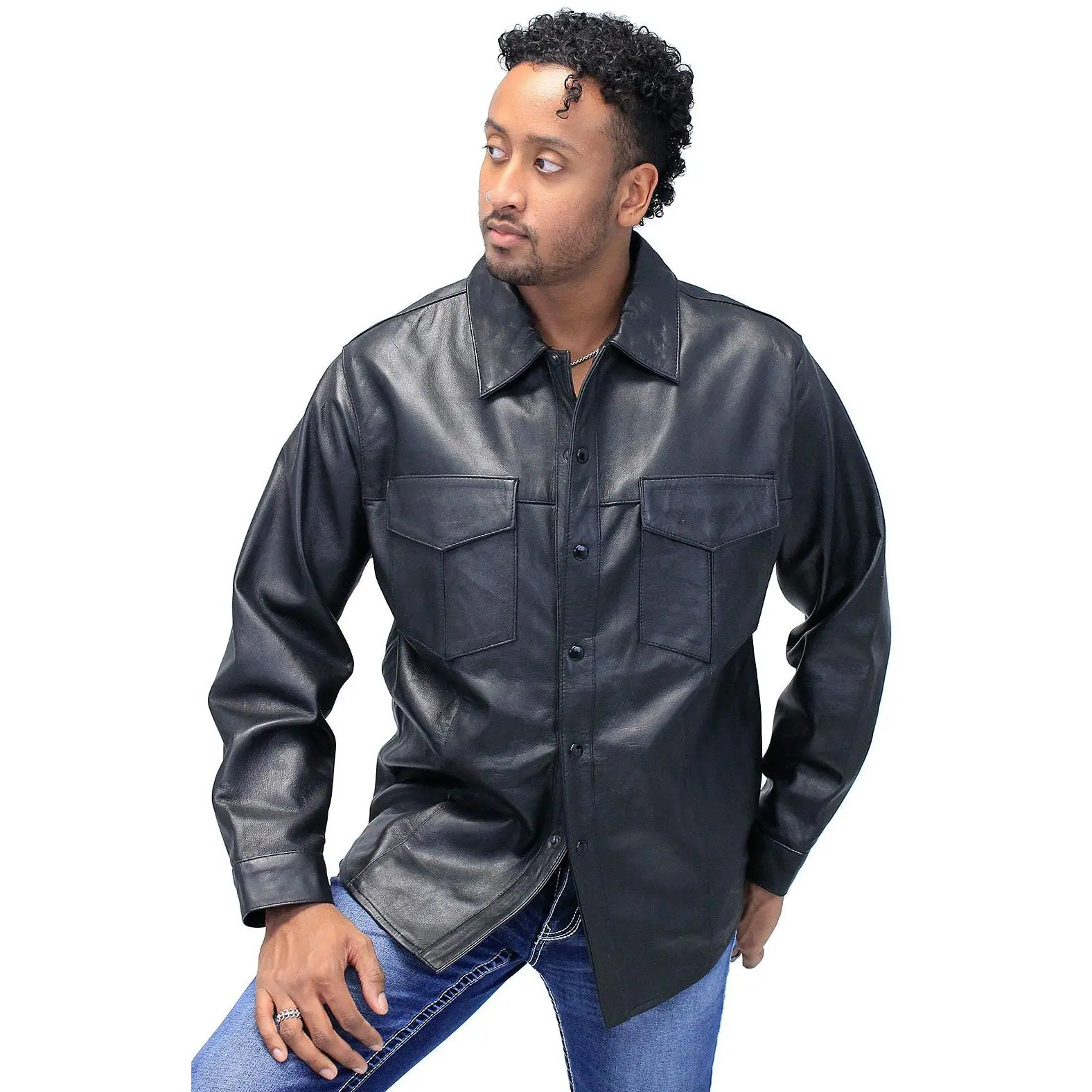 JAMIN LEATHER® Men's Lambskin Leather Shirt #MS641L - Classic Black Leather Top with Button Front and Chest Pockets