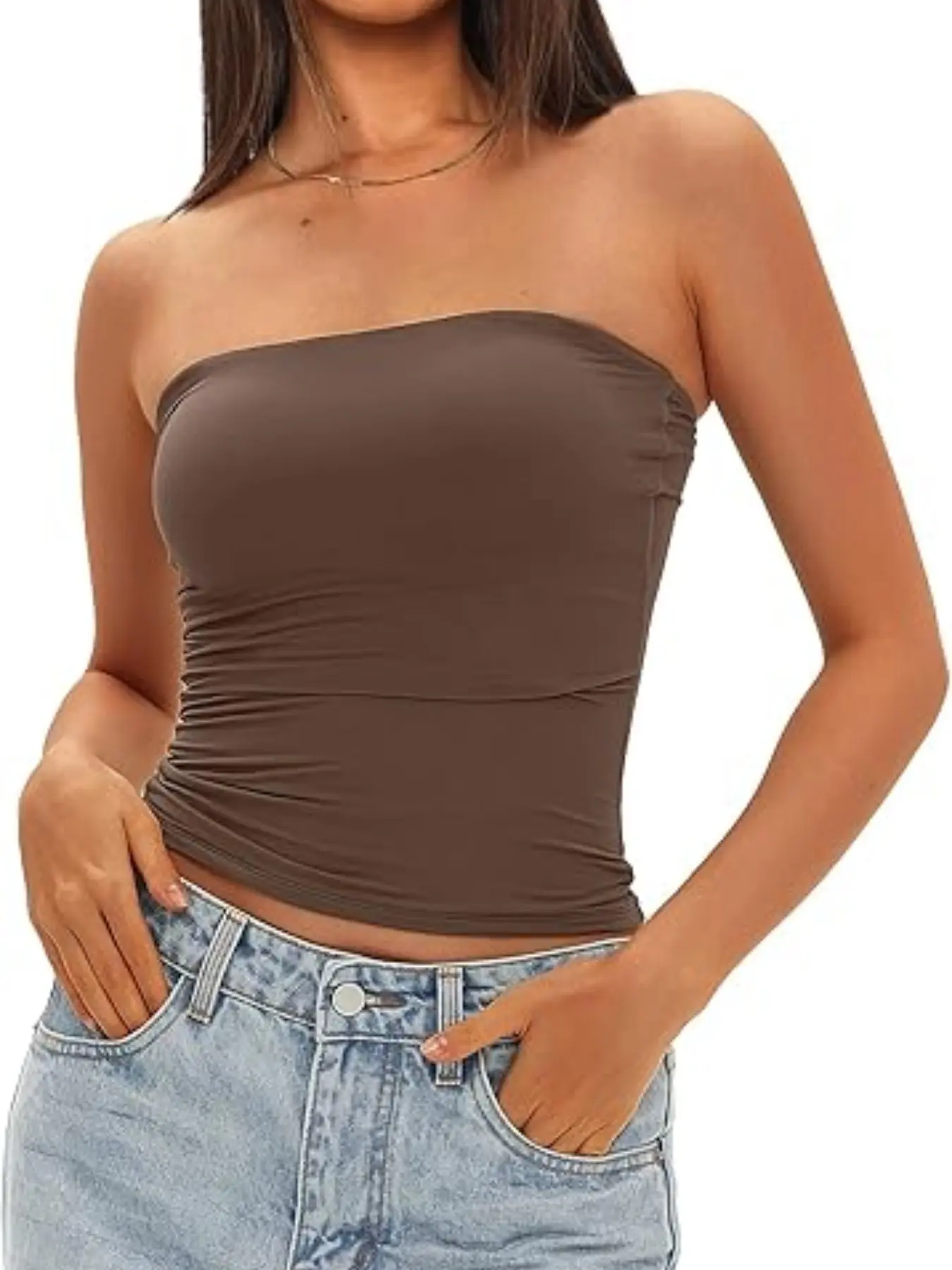 Women's American Style Minimalist Solid Color Top, Bandeau Tube Tops, High Stretch Slim Fit Strapless Short Shirt, Versatile Denim Jeans Suit Multi-Scene
