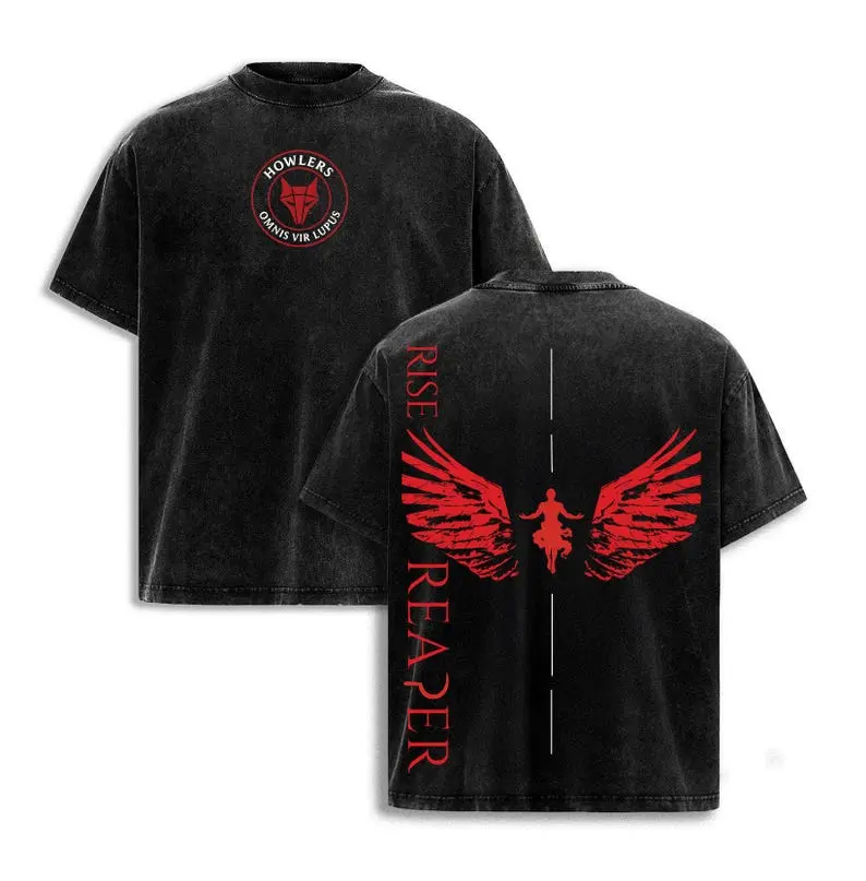 Rise Reaper Howlers Graphic T-Shirt, Omnis Vir Lupus Wolf Emblem Two-Sided Vintage Washed Unisex Tee for Adults