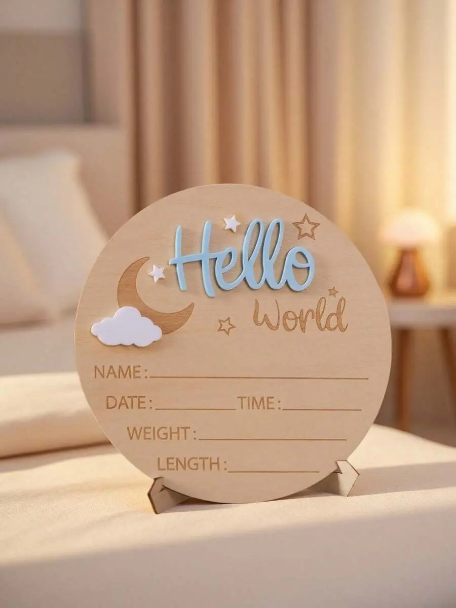 Newborn Photography Prop "Hello World" Baby Birth Announcement Board, Wooden Baby Name Infant Party Easter Gift