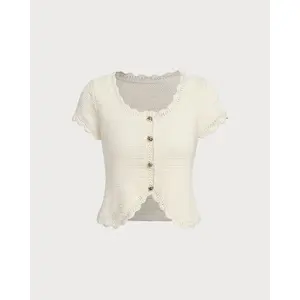 RIHOAS Women's Beige U-Neck Textured Knit Cardigan