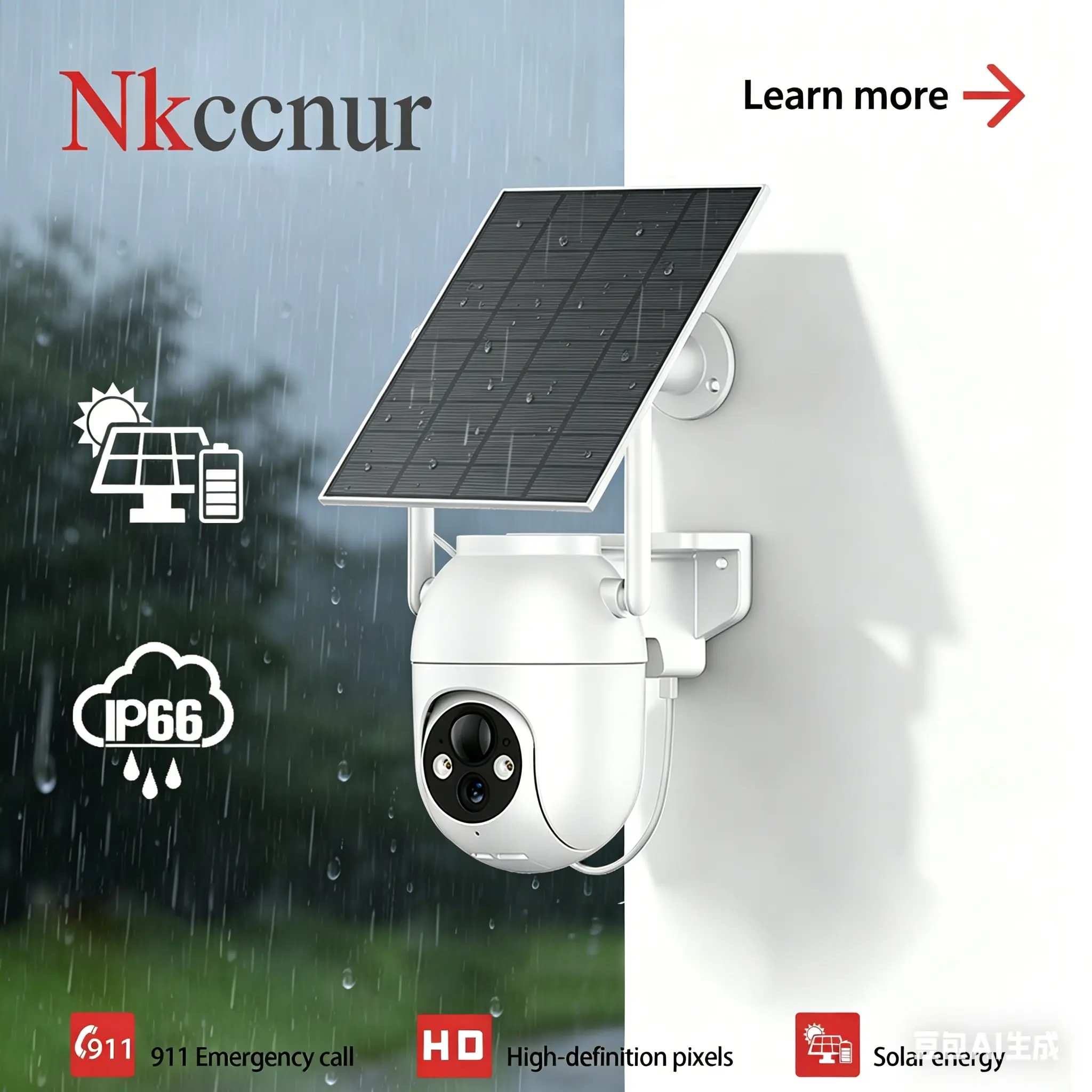 NKCCNUR Solar-Powered Wireless WiFi Outdoor Security Camera, IP66 Waterproof, AI Motion Detection, 2-Way Audio, HD Night Vision, Pan/Tilt Surveillance