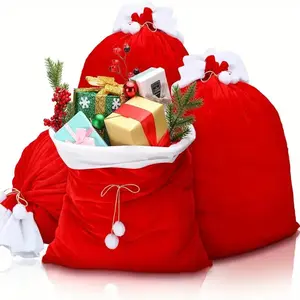 Festive Velvet Christmas Santa Gift Bags, Set of 4 Large Sacks with Drawstring, Perfect for Holiday Presents & Party Decorations