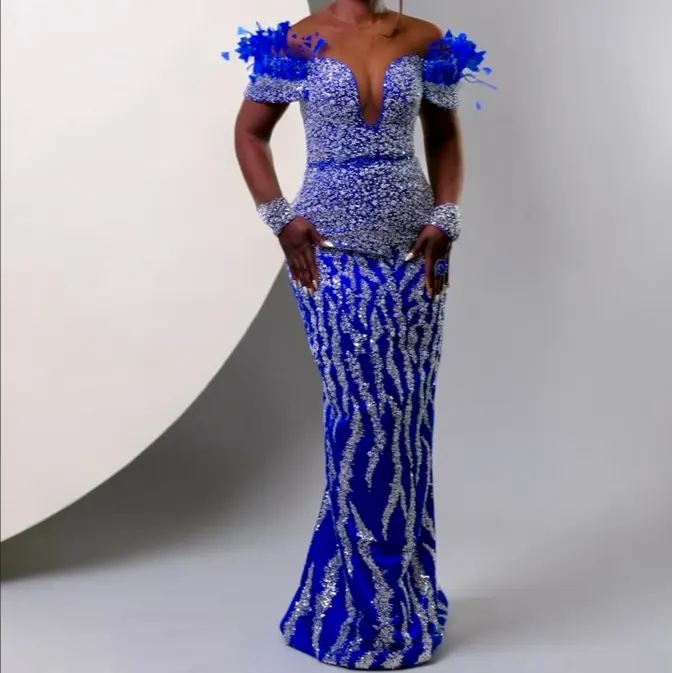 Royal Sapphire Convertible Evening Gown, Beaded Mermaid Dress, Luxury Off Shoulder Feather Prom Dress, Custom Couture Formal Dress