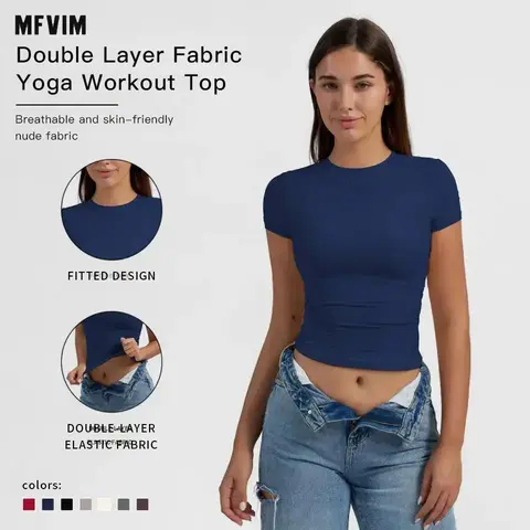MFVIM Women's Slim-Fitting Crew Neck Raglan Short-Sleeve Double-Layer Breathable Athletic Shirt - Active Sportswear Workout Top for Yoga, Gym, Summer Travel