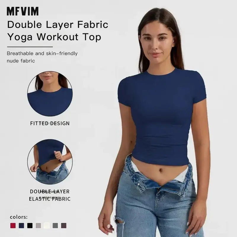 MFVIM Women's Slim-Fitting Crew Neck Raglan Short-Sleeve Double-Layer Breathable Athletic Shirt - Active Sportswear Workout Top for Yoga, Gym, Summer Travel
