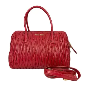 Pre-owned leather Hand bags Miu Miu Cherry Red Matelassé Top Handle Bag