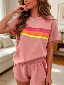 Ladies' fashion two-piece set, loose and slimming rainbow stripe design, suitable for daily wear indoors during vacation commuting