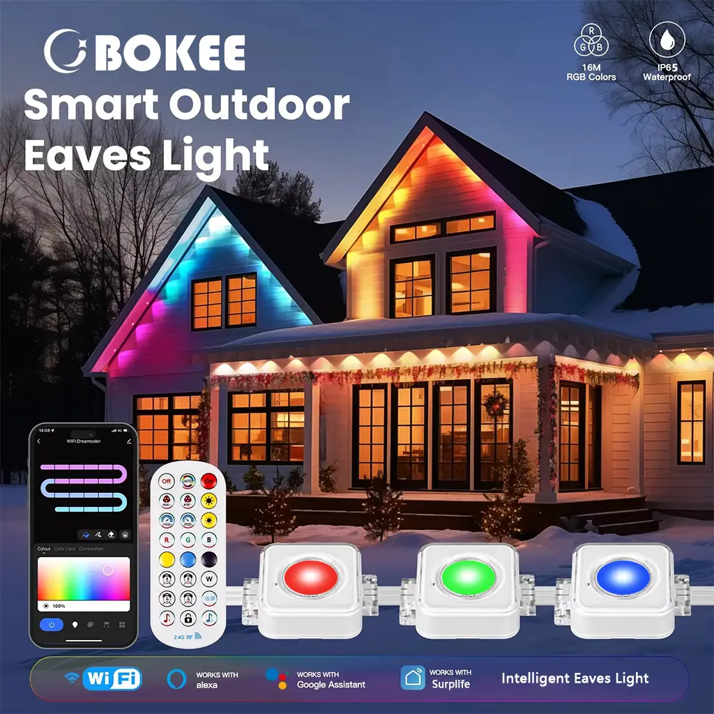 200FT Permanent Outdoor Lights, Smart RGBIC Eaves Lights, IP67, Work With Alexa, Google Assistant, Intelligent Rainbow Color Light, Suitable For Holid