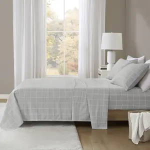 360 Stand True North TN20-0614 100% Cotton Flannel Windowpane Print Wrinkle-Free Sheet Set - Gray, California King Bed, All Seasons