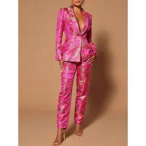 Hot Pink Floral Jacquard Suit Set - Women's Satin Blazer & Straight Leg Pants |   Formal Wedding Guest Outfit For Red Carpet Events/Black Tie Galas (Designer Two-Piece & Pocket Details