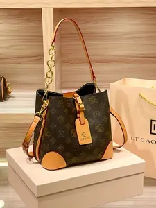 Fashionable Printed Bucket Bag for Women, High-End Versatile Shoulder Bag, PU Leather Bag, Vintage Crossbody Bag, Ideal for Daily Commuting