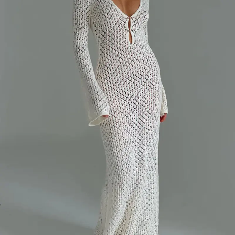 COMMENSE Women's Long-Sleeve Knit V-Neck Slim Cover-Up Casual Dress - Full Length, Plain, Open Back, Straight Cut, Minimalist Basic Wear