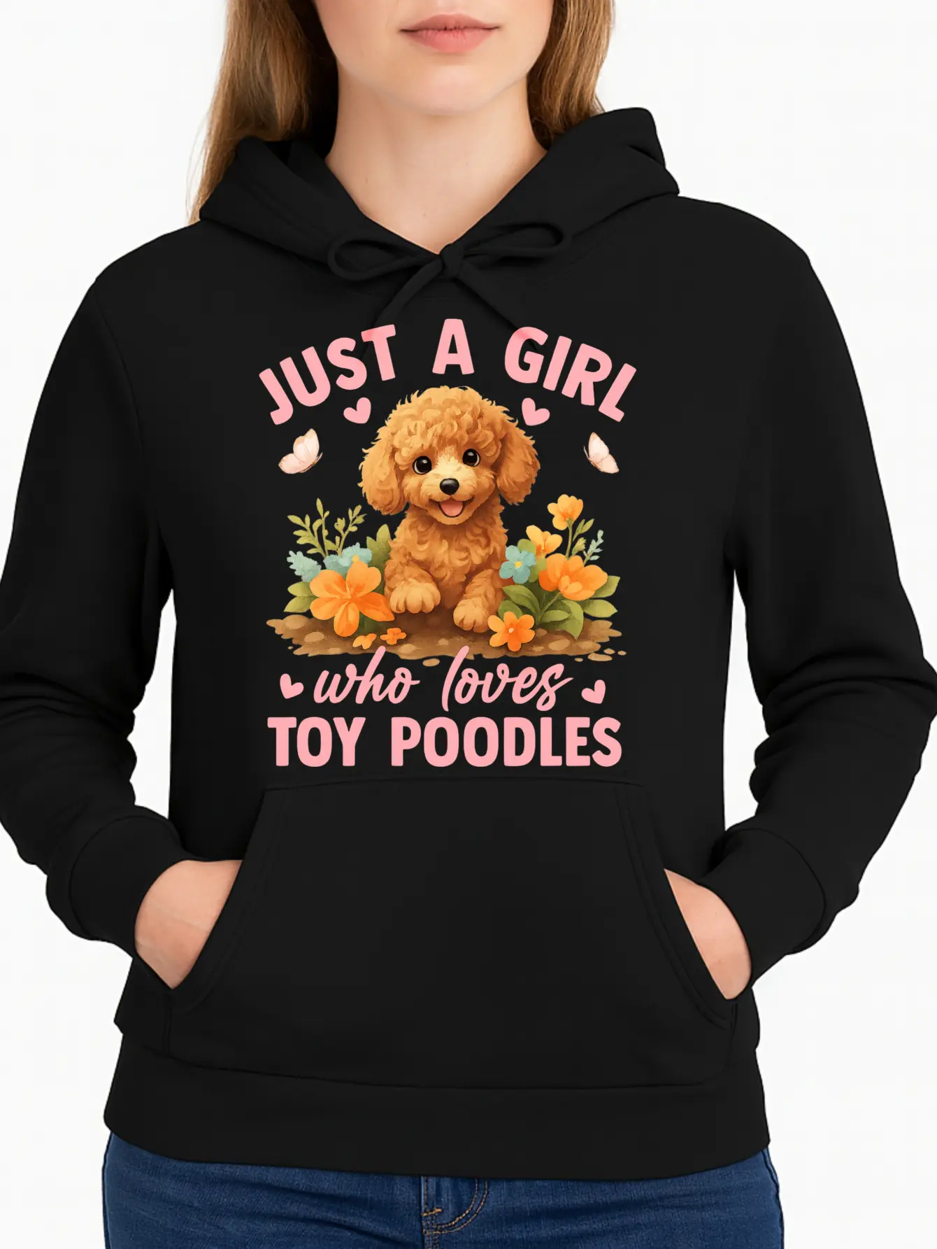 Women's Graphic Sweatshirt, 'Just A Girl' Toy Poodle Print, Minimalist Cotton Crew Neck Long Sleeve Pullover, Regular Fit for Work, Breathable, Solid, Everyday, Round Neck, Inclusive Sizes, Casual, Tops, Clothes, All Seasons, Cold Wash, Hoodie