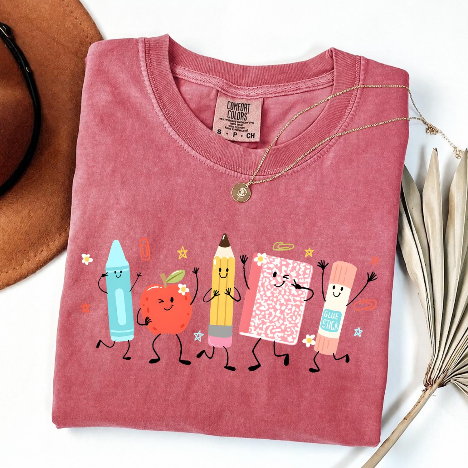 Comfort Colors Cute School Supplies Shirt, Back To School Teacher Tee, Crayon Pencil Notebook Graphic T-Shirt, Kindergarten Teacher Gift, Classroom Apparel