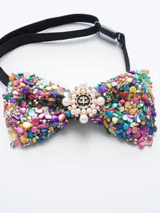 1pcs Color Stone Full Inlay Bow Tie, Luxury Pearl Decorative Neckwear, Party Performance Suit Collar Flower