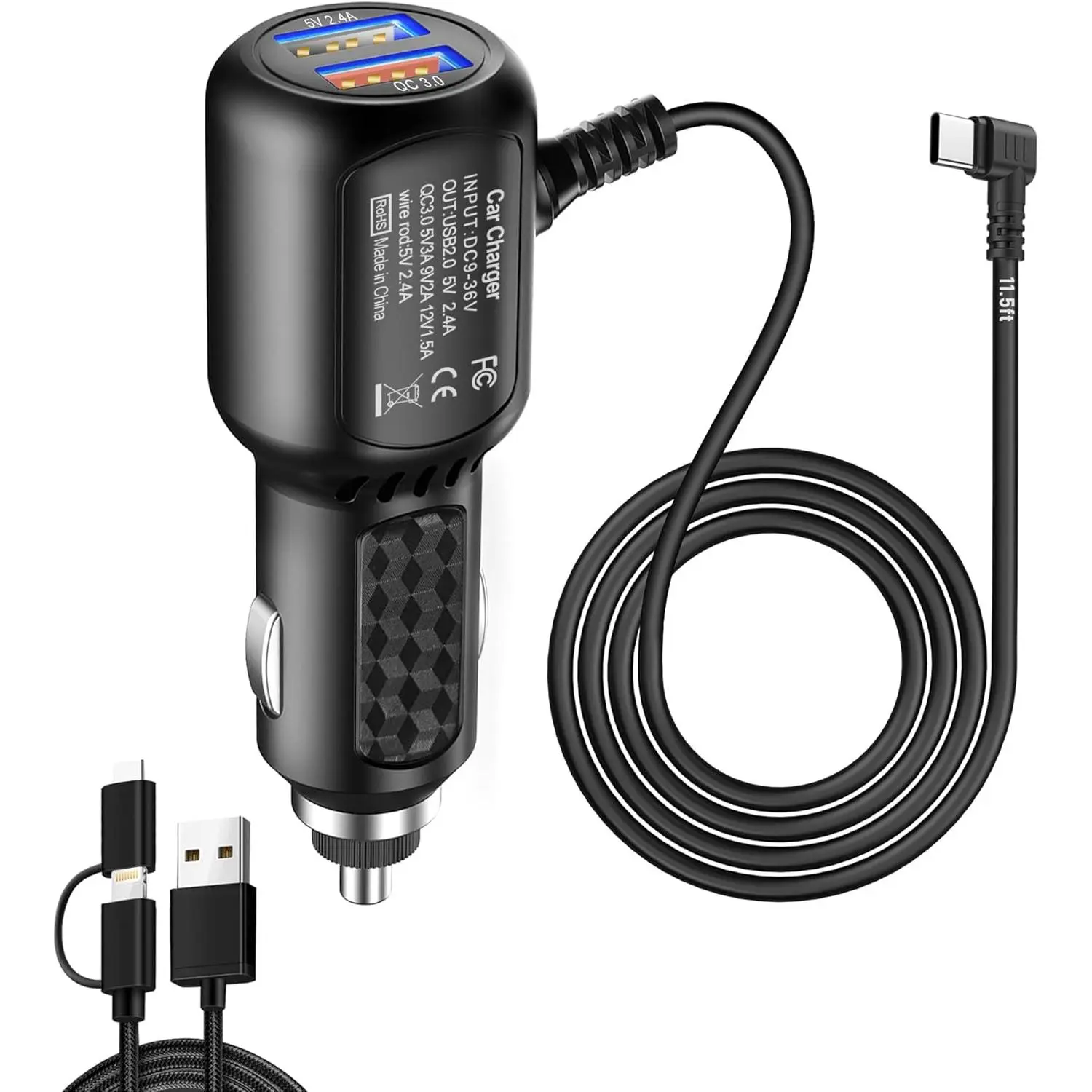 Dash Cam Charger USB C, Type C Car Charger, Dual Port Dashcam Power Adapter, Fast Charging Cord for REDTIGER F7N, Vantrue N4, WOLFBOX Dashcam (11.5FT)