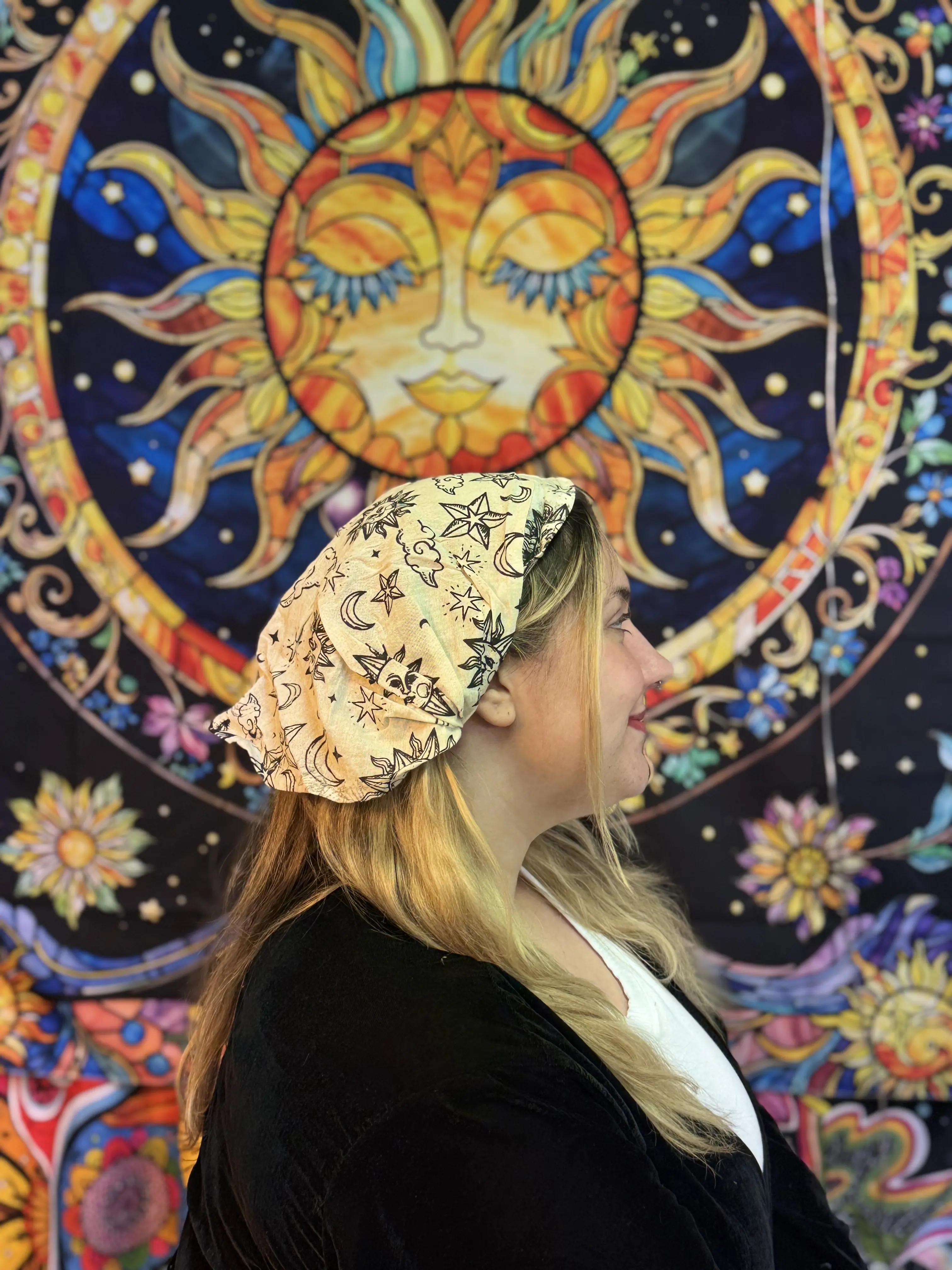 Celestial Witchy Handmade Cotton Head Band, Stretchy Bohemian Style Hair Wrap, Hippie Boho Cute Bandana, Earth Tone,Hair Accessories, Whimsy