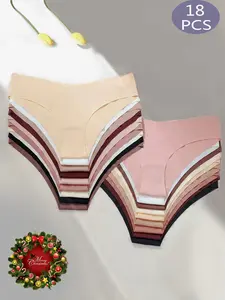 Women's Breathable Seamless Underwear, 18 Pcs Plain G-Strings, Soft Comfort, Mid Waist, Asymmetrical Design, All Season Wear