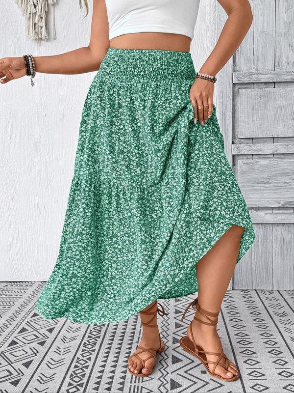 Plus Size Floral Midi Skirt - Smocked Waist, Side Pockets (Casual/Work)