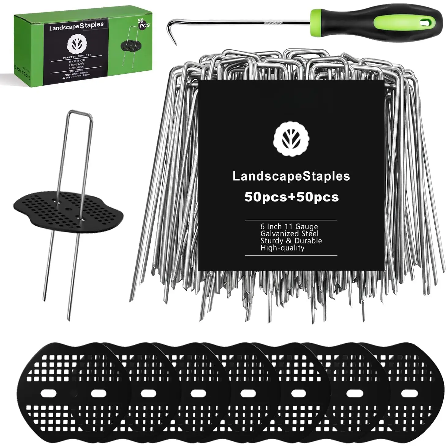 Landscape Staples 6 Inch 50 count Garden Stakes +50pcs Gasket, Galvanized Lawn Pins Spray Coating Yard Ground Spikes, U-Type Staples for Weed Barrier Anchoring Outdoor Tents Hoses