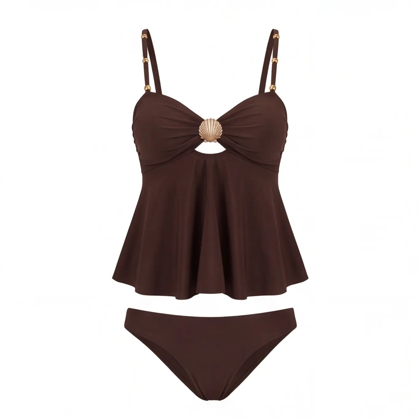 Women's 2-Piece Tankini Bathing Suit - Flowy Ruffle Swim Top with Adjustable Beaded Straps, Metal Shell Bust Accent, High-Cut Bottom, Swimsuits for Beach Wear & Resort Wear