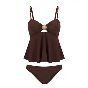 Women's 2-Piece Tankini Bathing Suit - Flowy Ruffle Swim Top with Adjustable Beaded Straps, Metal Shell Bust Accent, High-Cut Bottom, Swimsuits for Beach Wear & Resort Wear