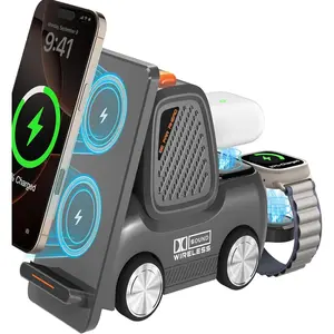 Forklift wireless charging station with bluetooth speaker 4 in 1 wireless fast charger multiple devices compatible with iphone pro max series apple iwatch airpods android phones