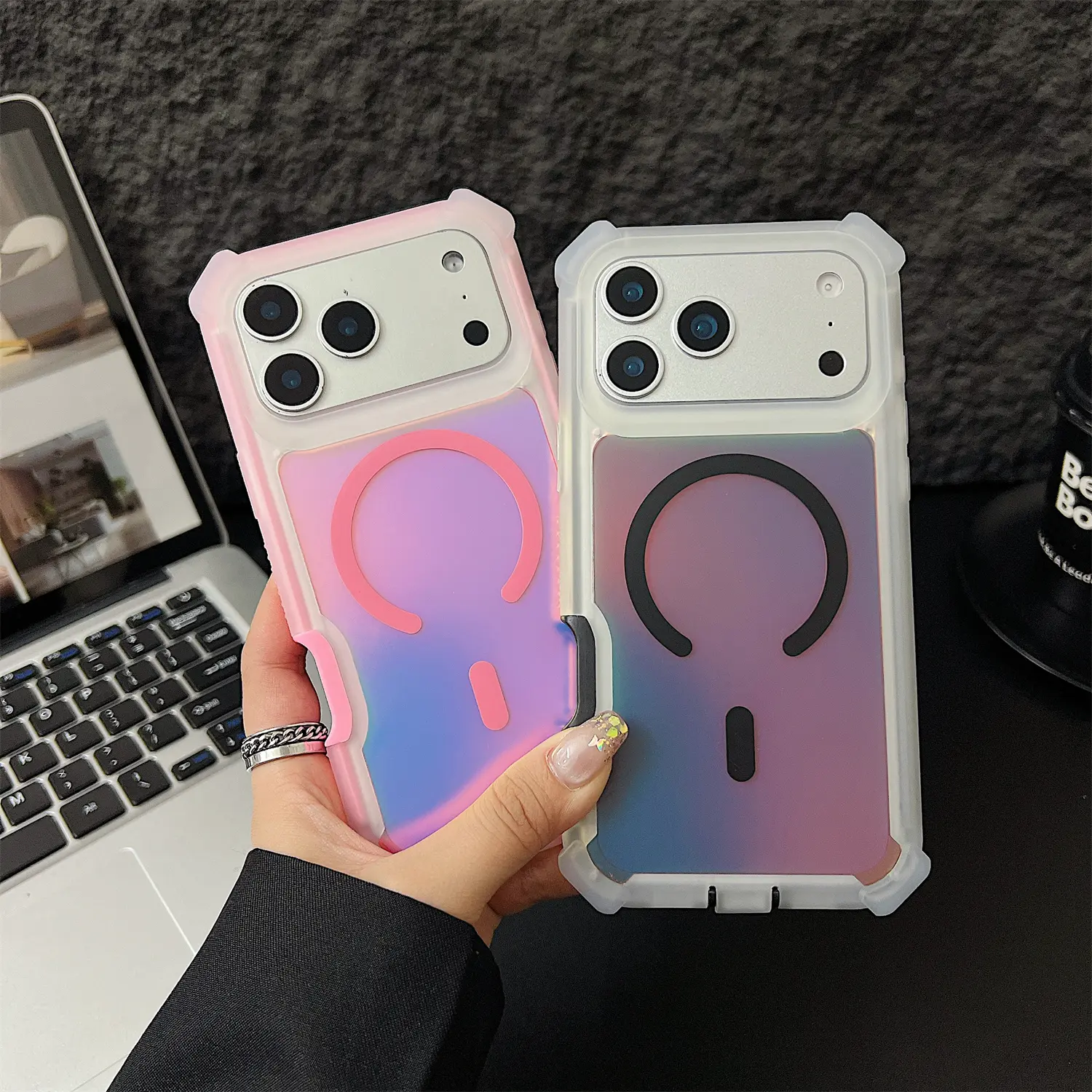 Iridescent Laser Crystal Corner Phone Case, Compatible with MagSafe for iPhone 17 16 15 14 13 Pro/Pro Max/Air/Plus, Drop Protection Anti Slip Shockproof Anti Scratch Phone Case, Phone Case for Women Girls