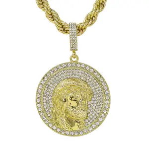 Jesus Medallion Pendant with Rope Chain – 8mm Chain, 24”, Gold / Silver Tone