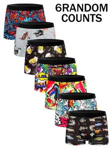 6 pcs random men's printing flat cornered underwear, Streetwear Underwear, Skin friendly and smooth, Soft and comfortable fabric, Fashionable and personalized printed patterns, Suitable for daily home casual wear, suitable for all seasons, Underwear Boxer