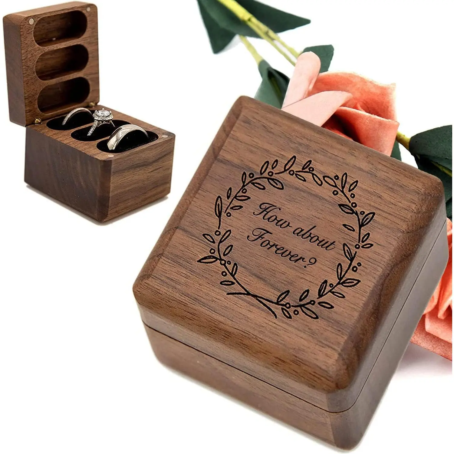 Handmade Engraved Vintage Walnut Wooden Foldable Rectangle Magnetic Ring Box with Lid - Dustproof 3-Compartment Home Organizer, Engagement Anniversary Gift Keepsake, Bedroom Jewelry Storage Accessory