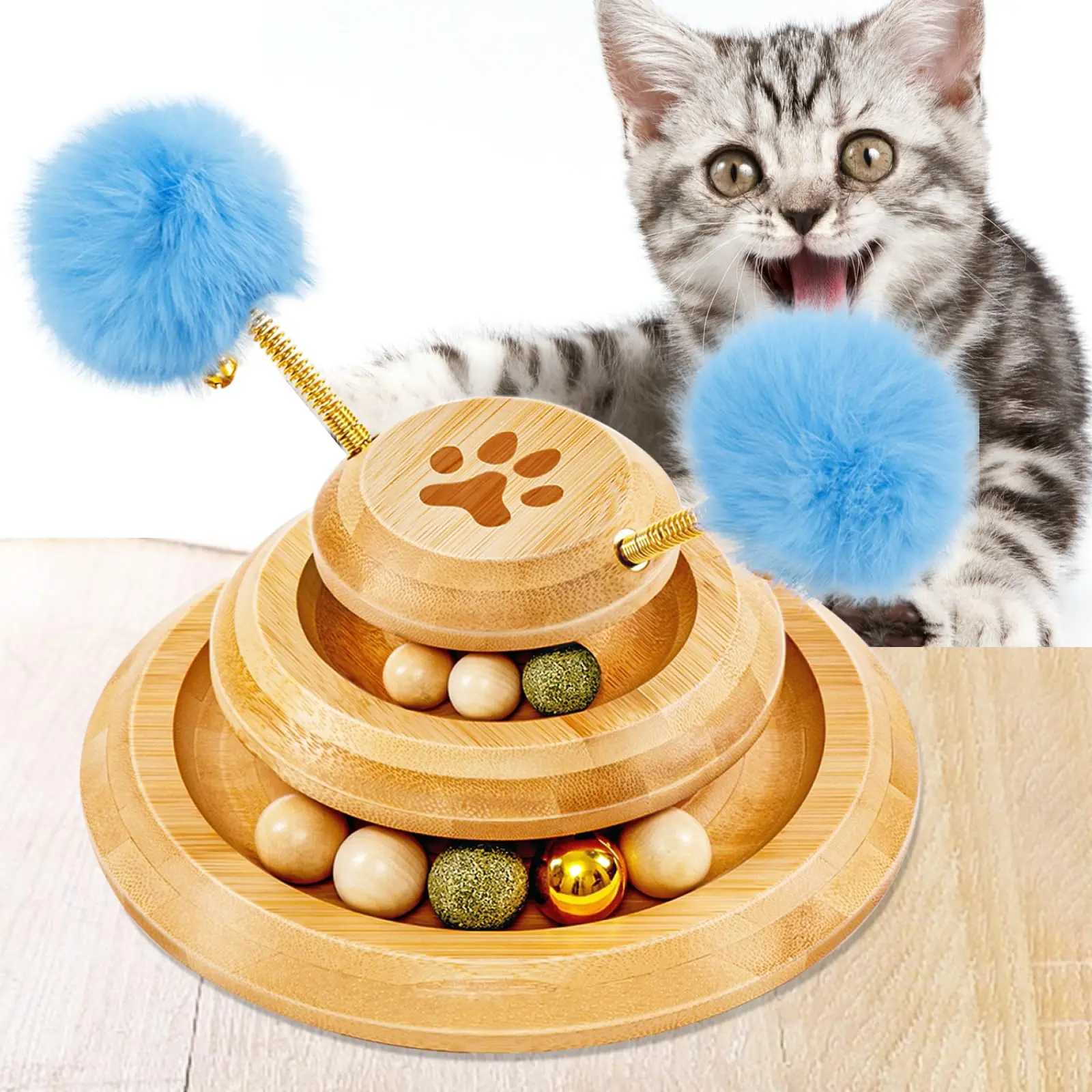 3-Storey Wooden Cat Ball Track Toy - Interactive Indoor Kitten Toy with 8 Removable Balls and 6 Plush Cat Toy Balls