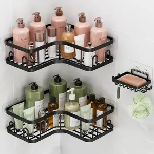 Corner Adhesive Shower Caddy 3-Pack with Soap Holder & Hooks, No Drilling Shower Shelves, Rustproof & Waterproof Bathroom Organizers and Storage, Rack for Small Spaces, Kitchen & Rental-Friendly, Black